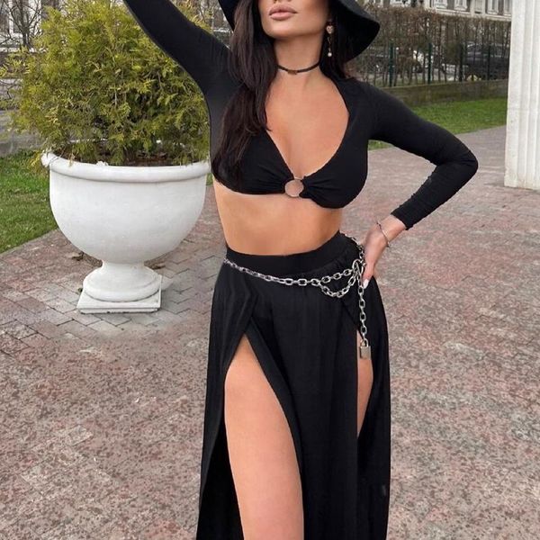 casual dresses 2021 women two-piece clothes set solid color deep v-neck long sleeve crop and slit skit, Black;gray
casual dresses 2021 women two-piece clothes set solid color deep v-neck long sleeve crop and slit skit, Black;gray