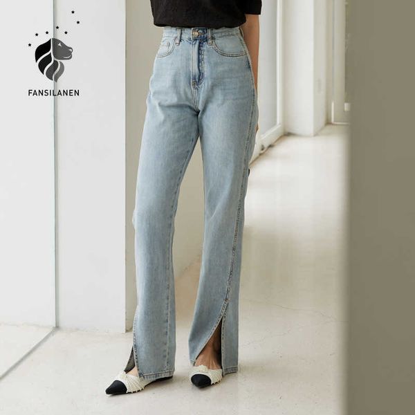 fansilanen office lady 100% cotton light color high waist jeans women summer split straight loose pants clothes 210607, Blue
fansilanen office lady 100% cotton light color high waist jeans women summer split straight loose pants clothes 210607, Blue