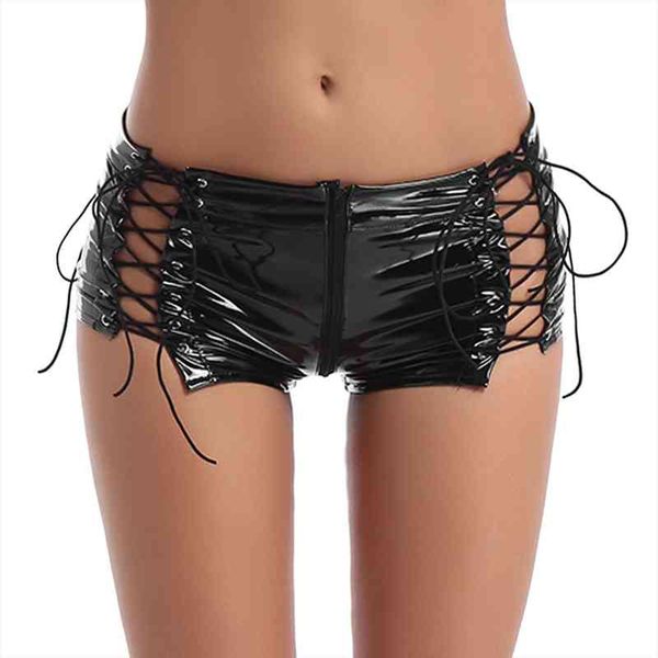 women erotic shorts wet look faux leather low waist short pants hollow out lace-up pole dance zip crotch mini pants, White;black
women erotic shorts wet look faux leather low waist short pants hollow out lace-up pole dance zip crotch mini pants, White;black