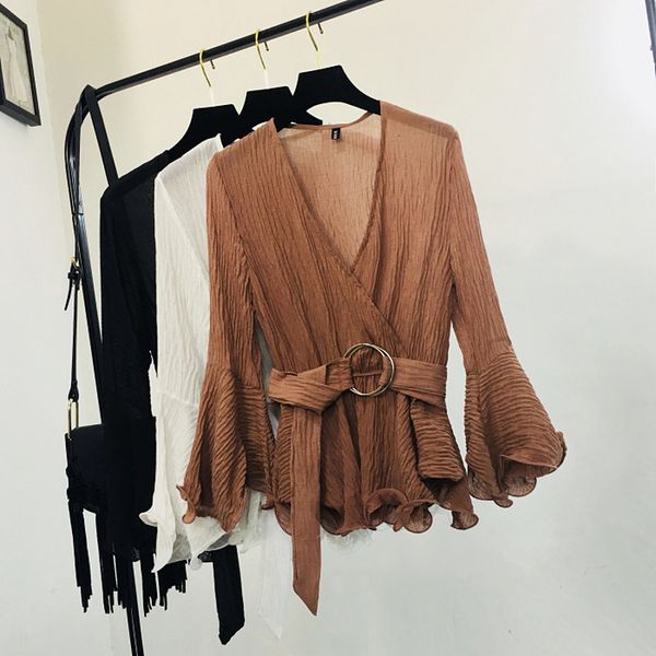 suits see through shirts neck flare long sleeve thin pleated chiffon shirt waist slim women blouses, White;black
suits see through shirts neck flare long sleeve thin pleated chiffon shirt waist slim women blouses, White;black
