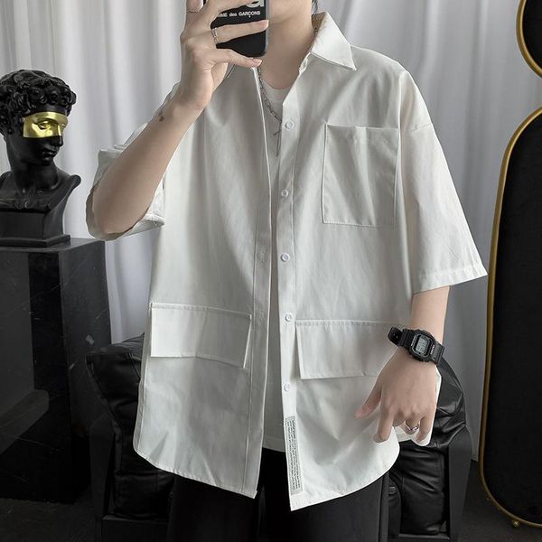 men's casual shirts summer short sleeve shirt fashion black white men streetwear korean loose pocket mens dress, White;black
men's casual shirts summer short sleeve shirt fashion black white men streetwear korean loose pocket mens dress, White;black