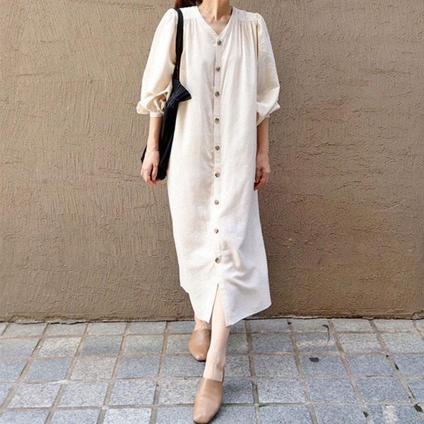 casual dresses 2021 women autumn cotton linen v neck long shirt dress lantern sleeve single breasted sashes loose midi solid color, Black;gray
casual dresses 2021 women autumn cotton linen v neck long shirt dress lantern sleeve single breasted sashes loose midi solid color, Black;gray
