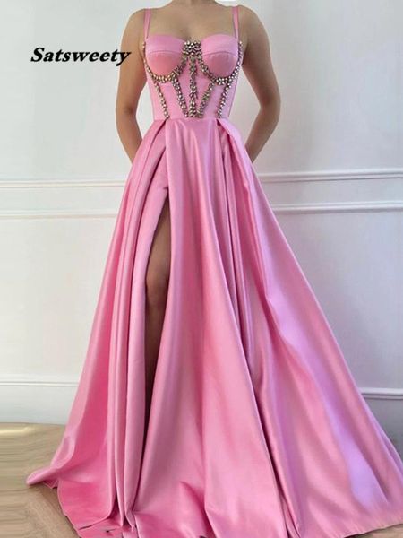 pink satin beading prom dresses 2023 sweetheart spaghetti strap formal evening gowns high slit crystals celebrity dresses, Black
pink satin beading prom dresses 2023 sweetheart spaghetti strap formal evening gowns high slit crystals celebrity dresses, Black