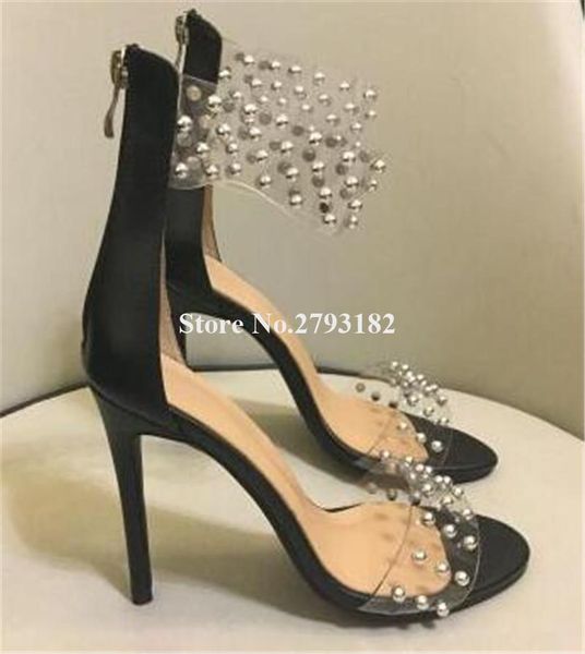 women charming fashion open toe pvc rivet stiletto heel sandals ankle strap back zipper-up high dress heels shoes, Black
women charming fashion open toe pvc rivet stiletto heel sandals ankle strap back zipper-up high dress heels shoes, Black