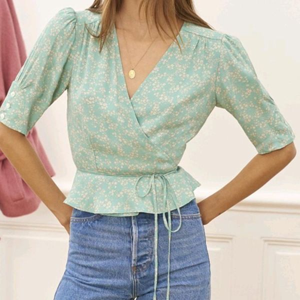 women wrap floral blouse ruffles v-neck prairie chic short sleeve lace-up viscose shirts 2021 spring summer women's blouses, White
women wrap floral blouse ruffles v-neck prairie chic short sleeve lace-up viscose shirts 2021 spring summer women's blouses, White
