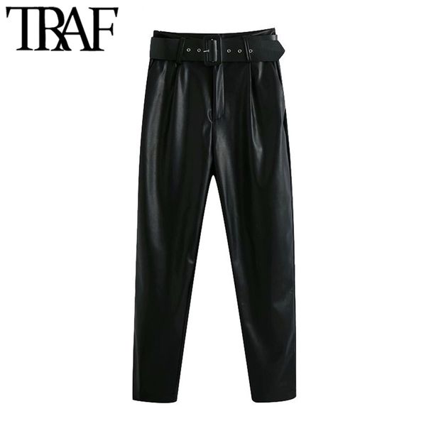women chic fashion with belt side pockets faux leather pants vintage high waist zipper fly female trousers mujer 210507, Black;white
women chic fashion with belt side pockets faux leather pants vintage high waist zipper fly female trousers mujer 210507, Black;white