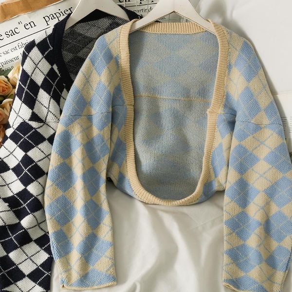 women's knits & tees 2021 autumn diamond plaid short irregular long-sleeved shawl women's cardigans vintage loose sweater coat card, White
women's knits & tees 2021 autumn diamond plaid short irregular long-sleeved shawl women's cardigans vintage loose sweater coat card, White