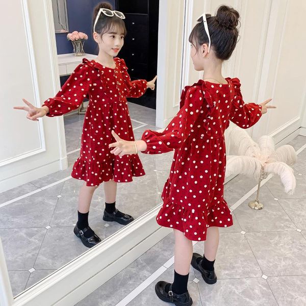girl's dresses girls autumn winter thickened long sleeve polka dots wooden ears princess dress 5-10 years kids clothes, Red;yellow 
girl's dresses girls autumn winter thickened long sleeve polka dots wooden ears princess dress 5-10 years kids clothes, Red;yellow