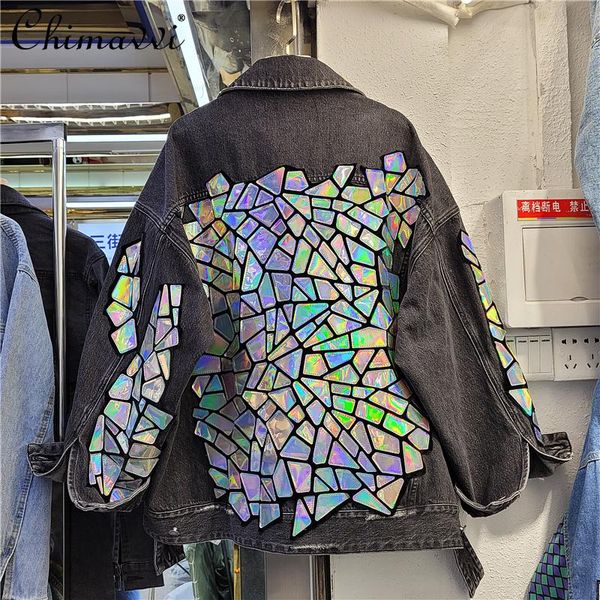 women's jackets 2021 spring fashion stitching shiny laser loose denim jacket long-sleeved single breasted black coat, Black;brown
women's jackets 2021 spring fashion stitching shiny laser loose denim jacket long-sleeved single breasted black coat, Black;brown