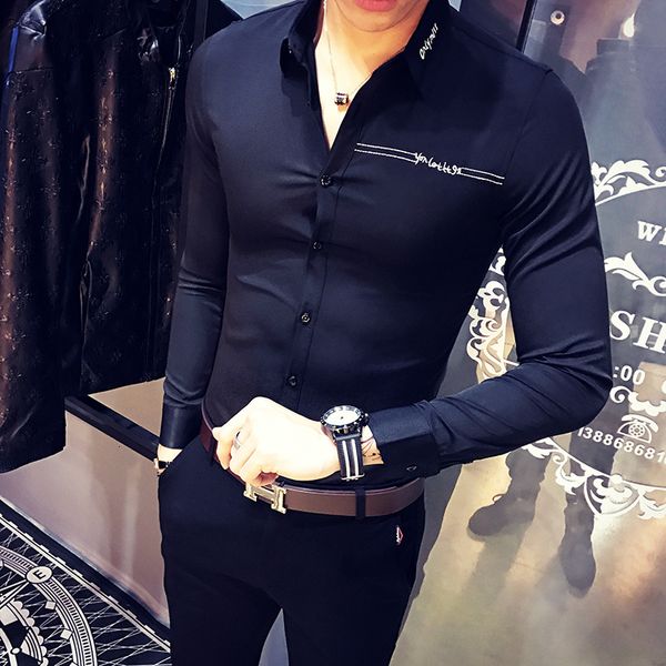 men's casual shirts primavera novo coreano magro ajuste carta bordado camisas casuais dos homens de manga longa simples todos os jogos, White;black
men's casual shirts primavera novo coreano magro ajuste carta bordado camisas casuais dos homens de manga longa simples todos os jogos, White;black