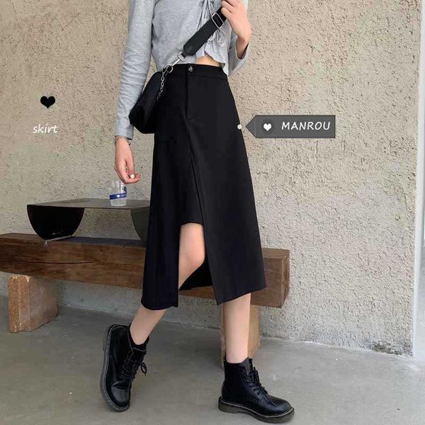 skirts manrou spring irregular high waist thin mid-length temperament split a-line skirt female wk95, Black 
skirts manrou spring irregular high waist thin mid-length temperament split a-line skirt female wk95, Black