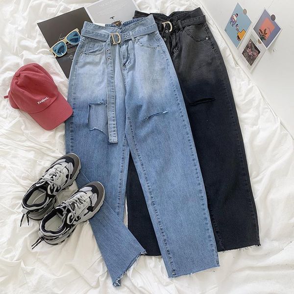 women's jeans gradients with holes wide lege belt women old design v-waist summer high waist loose thin pants, Blue
women's jeans gradients with holes wide lege belt women old design v-waist summer high waist loose thin pants, Blue