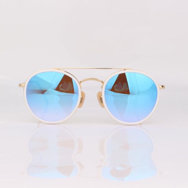 outdoor eyewear round metal sunglasses women double bar with blue mirrored lenses