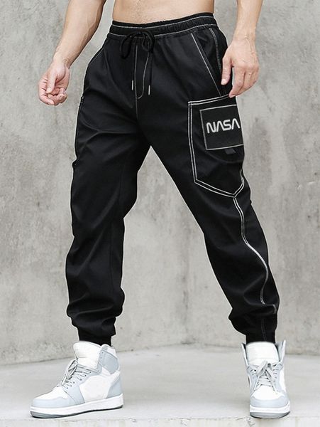 men letter graphic stitching pants 530a#, Black