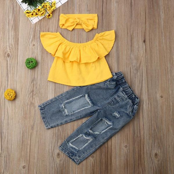 clothing sets fashion girls clothes kids off shoulder ruffle hole denim shorts bowknot headband 3pcs outfits summer for 1-6y, White
clothing sets fashion girls clothes kids off shoulder ruffle hole denim shorts bowknot headband 3pcs outfits summer for 1-6y, White