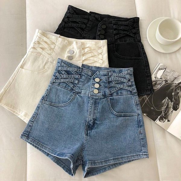 women's shorts high waist cross design slim a-line wide leg denim short jeans women, White;black
women's shorts high waist cross design slim a-line wide leg denim short jeans women, White;black