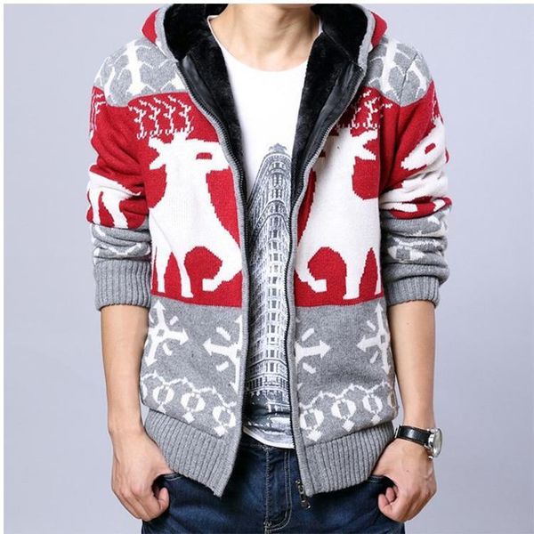 sweater knit winter men's deer hooded zipper cardigan plush thickened fashion warm jacket, White;black
sweater knit winter men's deer hooded zipper cardigan plush thickened fashion warm jacket, White;black