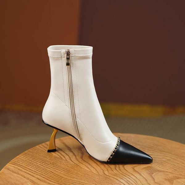 boots mixed colors women french retro metal chain ankle pointed toe thin heel handmade shoes zip stretch, Black
boots mixed colors women french retro metal chain ankle pointed toe thin heel handmade shoes zip stretch, Black
