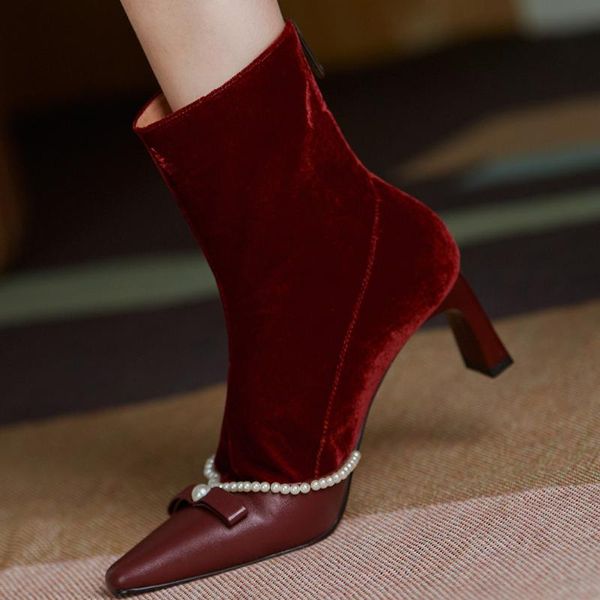 boots women's genuine leather velvet patchwork thin high heel autumn ankle beading bow tie pointed toe short booties shoes women, Black
boots women's genuine leather velvet patchwork thin high heel autumn ankle beading bow tie pointed toe short booties shoes women, Black