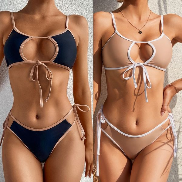 patchwork bikini set bandage knot bow hollow out women bathing suit low waisted thong tie solid 2021, White;black