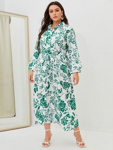 plus floral print belted shirt dress l2cw#, Black