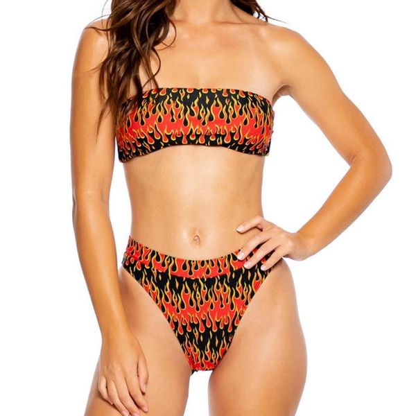 women's swimwear bikini set fashion wind split pull-out fire printing tube high waist mature ladies, White;black
women's swimwear bikini set fashion wind split pull-out fire printing tube high waist mature ladies, White;black
