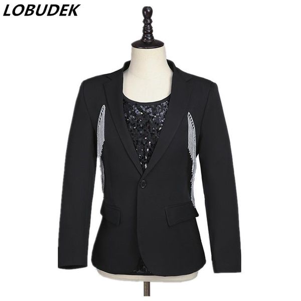 men's suits & blazers men silver chain tassel blazer stage concert male singer dancer team performance casual coat bar nightclub costum, White;black
men's suits & blazers men silver chain tassel blazer stage concert male singer dancer team performance casual coat bar nightclub costum, White;black