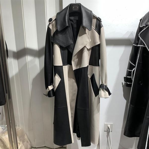 women's leather & faux autumn windbreak 2021 coming ladies genuine spliced fabric coat long, Black