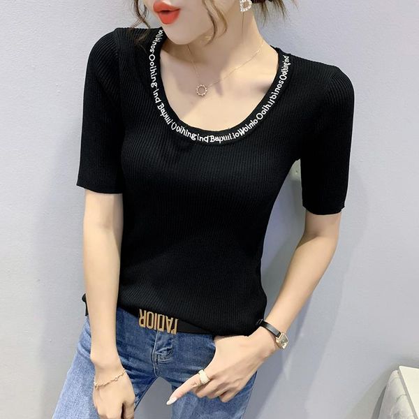 women's t-shirt 2021europe summer short sleeve embroidery knitting women casual slim o neck woman stripe t shirts, White
women's t-shirt 2021europe summer short sleeve embroidery knitting women casual slim o neck woman stripe t shirts, White
