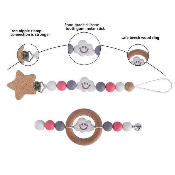 pacifiers# 2 pcs teething soother molar creative baby pacifier chain + wood ring silicone cloud beads teether set infant nipple clip holder
pacifiers# 2 pcs teething soother molar creative baby pacifier chain + wood ring silicone cloud beads teether set infant nipple clip holder