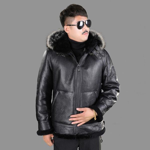 men's leather & faux american raccoon dog hair collar original sheepskin wool integrated coat hooded fur motorcycle jacket, Black
men's leather & faux american raccoon dog hair collar original sheepskin wool integrated coat hooded fur motorcycle jacket, Black
