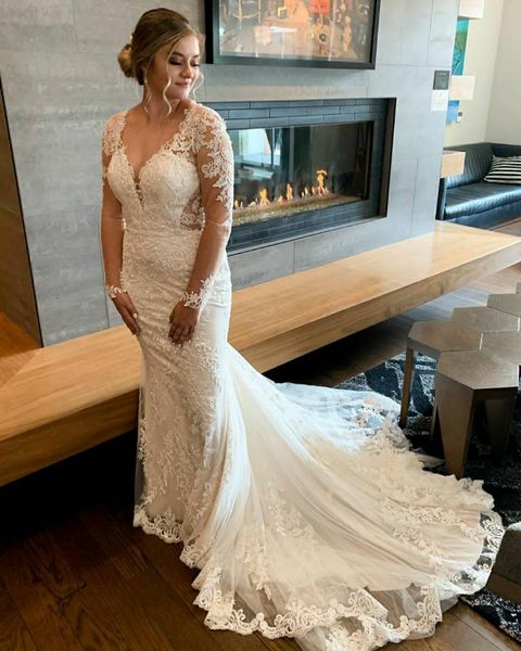 customized v neck long sleeves lace mermaid wedding dresses court train appliqued tulle corset back bridal gowns, White
customized v neck long sleeves lace mermaid wedding dresses court train appliqued tulle corset back bridal gowns, White