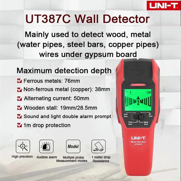 metal detectors uni-t wall scanner detector lcd electric wire object wooden beams wood water pipe/rebar/copper pipe/live detecto
metal detectors uni-t wall scanner detector lcd electric wire object wooden beams wood water pipe/rebar/copper pipe/live detecto