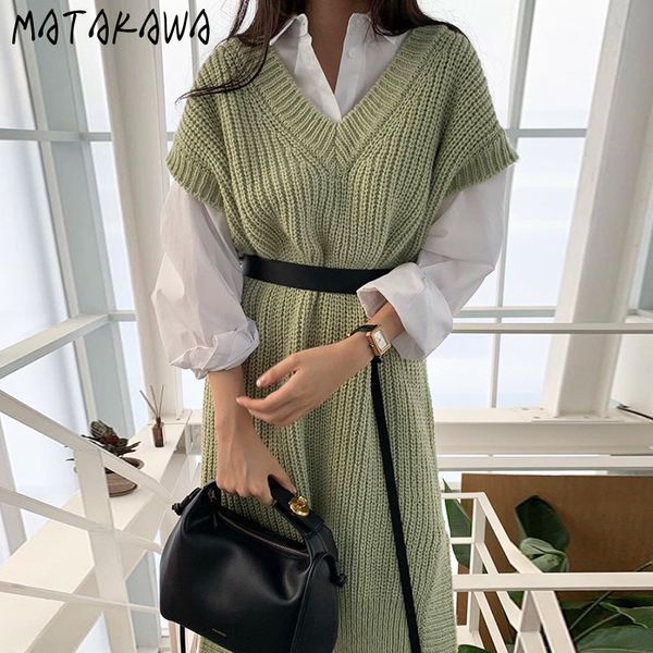 matakawa solid straight v-neck woman dress korea chic slit knit sweater vest dresses for women with belt 210513, Black;gray
matakawa solid straight v-neck woman dress korea chic slit knit sweater vest dresses for women with belt 210513, Black;gray