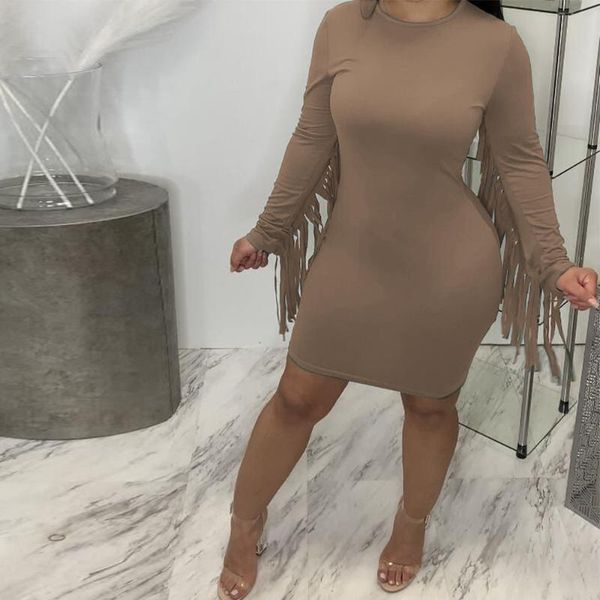 casual dresses street style solid tassels spliced sheath dress for women crew neck long sleeve bandage hipster female package hip, Black;gray