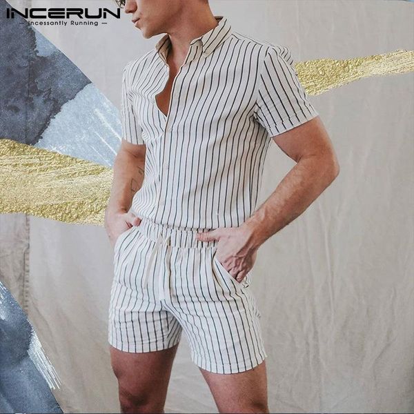 men striped rompers streetwear casual jumpsuits drawstring short sleeve button fashion overalls playsuits s-5xl incerun men's shorts, White;black
men striped rompers streetwear casual jumpsuits drawstring short sleeve button fashion overalls playsuits s-5xl incerun men's shorts, White;black