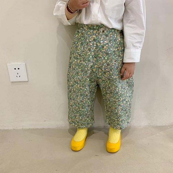 korean style 2021 spring floral printed baby girls casual pants children clothes toddlers kids straight trousers, Blue