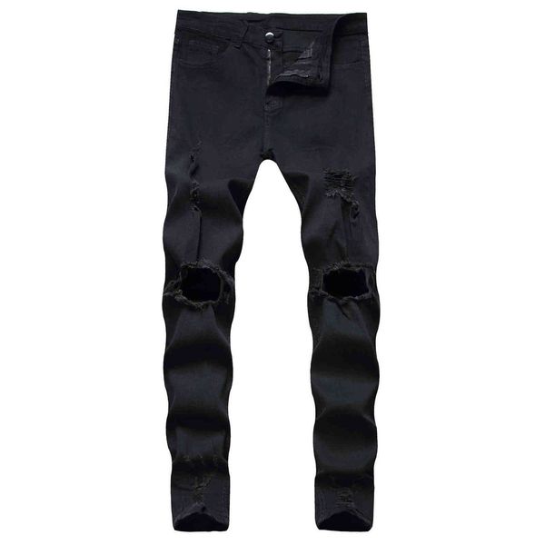 men's jeans pierced elastic tight denim trend men's pants, Blue