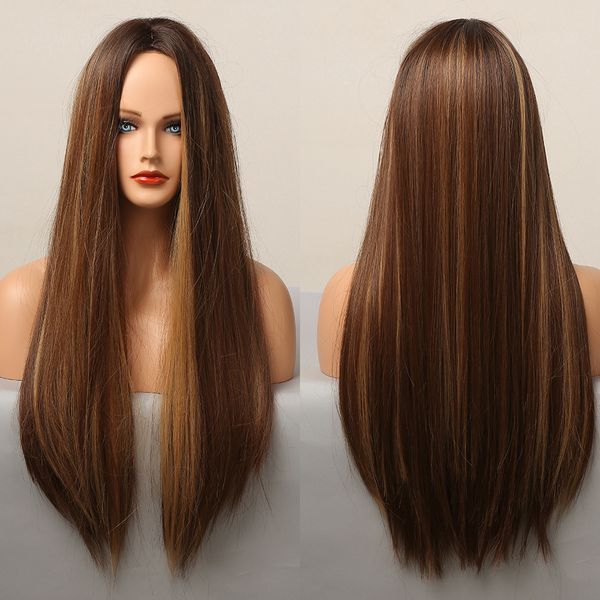 long silky straight wig dark brown golden highlight middle part synthetic wigs for women cosplay daily heat resistant fiber hair, Black
long silky straight wig dark brown golden highlight middle part synthetic wigs for women cosplay daily heat resistant fiber hair, Black