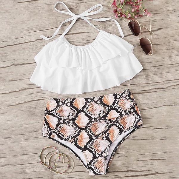 women's swimwear women lace up two pieces swimsuit fashion bikini split high waist printing ruffle leopard print, White;black
women's swimwear women lace up two pieces swimsuit fashion bikini split high waist printing ruffle leopard print, White;black