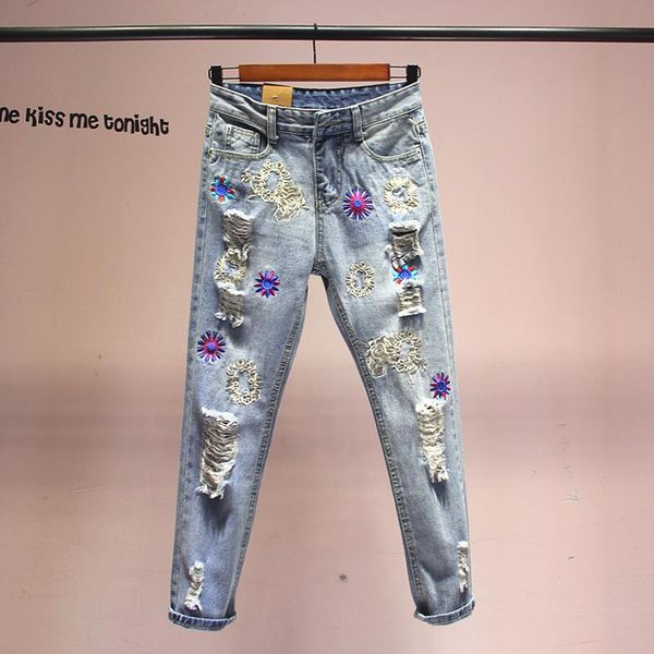 fashion jeans women's heavy industry embroidery frayed holes high waist retro loose wild women, Blue
fashion jeans women's heavy industry embroidery frayed holes high waist retro loose wild women, Blue