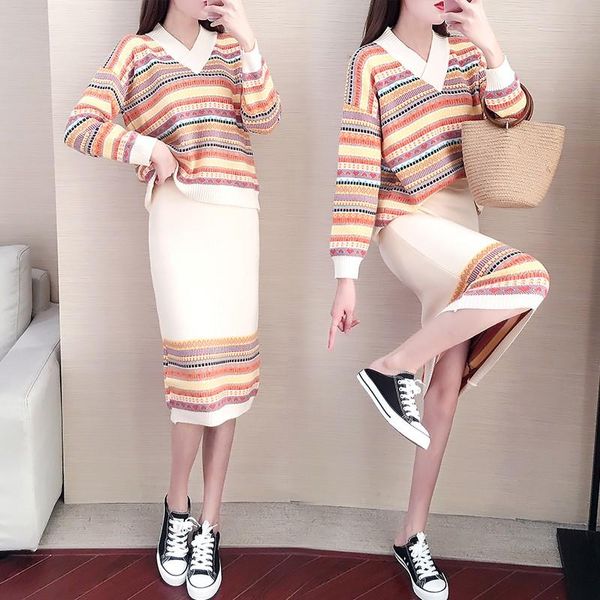 two piece dress women's ethnic style slim knitted sets 2021 autumn winter geometrical v-neck knit sweater and wrap hip skirt 2 suits, White
two piece dress women's ethnic style slim knitted sets 2021 autumn winter geometrical v-neck knit sweater and wrap hip skirt 2 suits, White