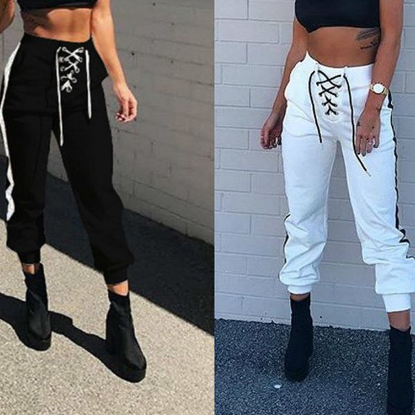 capris solid women's trousers bandage high waist pockets hare pants plied striped shreds casual loose office lady summer tgf0, Black;white
capris solid women's trousers bandage high waist pockets hare pants plied striped shreds casual loose office lady summer tgf0, Black;white