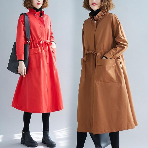 women's trench coats oversize coat female korean stand collar drawstring waist long windbreakers spring autumn overcoat women basic, Tan;black
women's trench coats oversize coat female korean stand collar drawstring waist long windbreakers spring autumn overcoat women basic, Tan;black