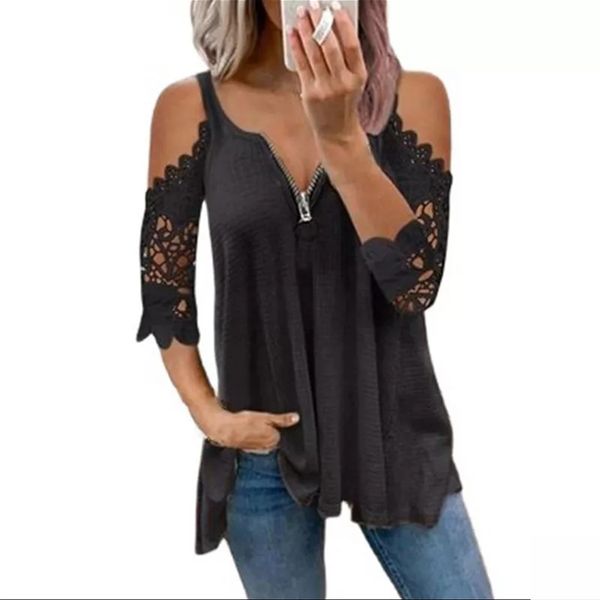 summer women shirts plus size cold shoulder lace v neck 3/4 sleeve t-shirts blouses with zipper, White
summer women shirts plus size cold shoulder lace v neck 3/4 sleeve t-shirts blouses with zipper, White