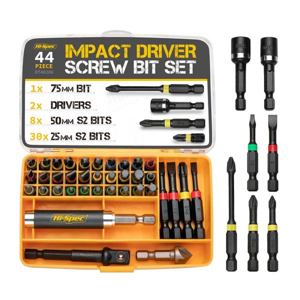 hi-spec premium 44pc impact driver drill bit s2 screwdriver bits set power tool acessories home appliances repair hand tools kit
hi-spec premium 44pc impact driver drill bit s2 screwdriver bits set power tool acessories home appliances repair hand tools kit