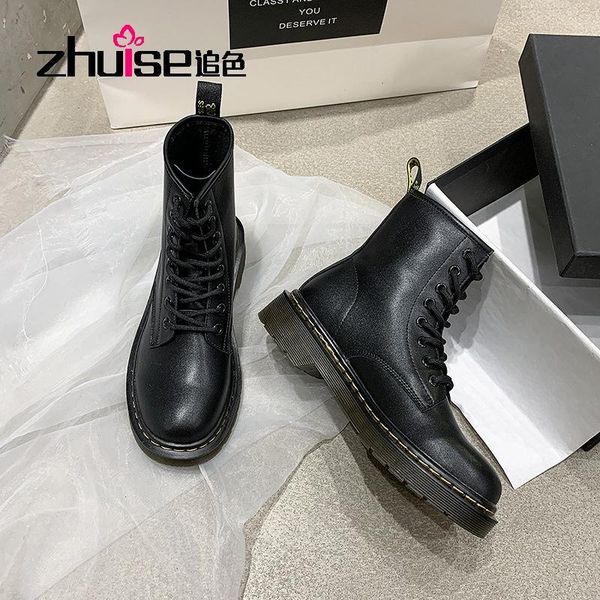boots british style women 2021 autumn and winter six-hole eight-hole pure black leather women's short