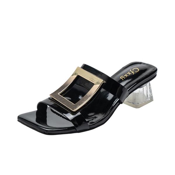 women's slippers summer style square metal buckle low-heel mirror toe transparent thick-heeled shoes, Black
women's slippers summer style square metal buckle low-heel mirror toe transparent thick-heeled shoes, Black