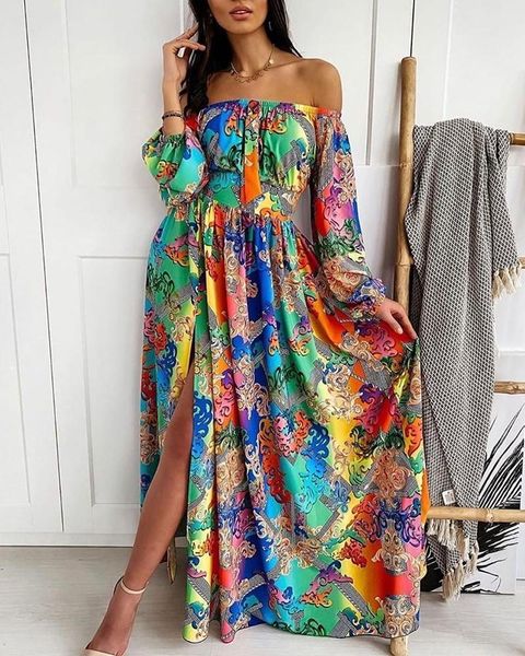 women floral printd maxi dress off shoulder long sleeve high waist front split party autumn spring casual dresses, Black;gray
women floral printd maxi dress off shoulder long sleeve high waist front split party autumn spring casual dresses, Black;gray