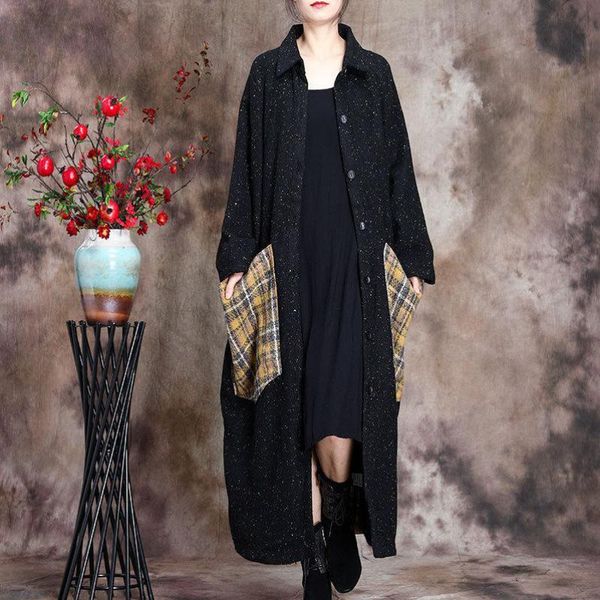 women's wool & blends johnature leisure retro patchwork pocket plaid woolen coat 2021 autumn winter comfortable turn-down collar women, Black
women's wool & blends johnature leisure retro patchwork pocket plaid woolen coat 2021 autumn winter comfortable turn-down collar women, Black